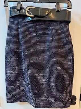 ANTONIO MELANI Purple I and Black Patterned Pencil Skirt with Patent Belt